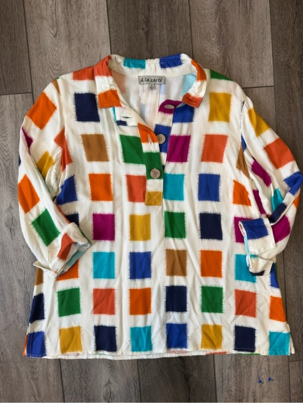 a la carte White Tunic with Multicolor Square Print